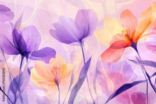 Wallpaper Mural An artistic arrangement of pastel flowers in purple, orange, and pink, blending gracefully into a layered, abstract background with a soft and vibrant touch.
 Torontodigital.ca