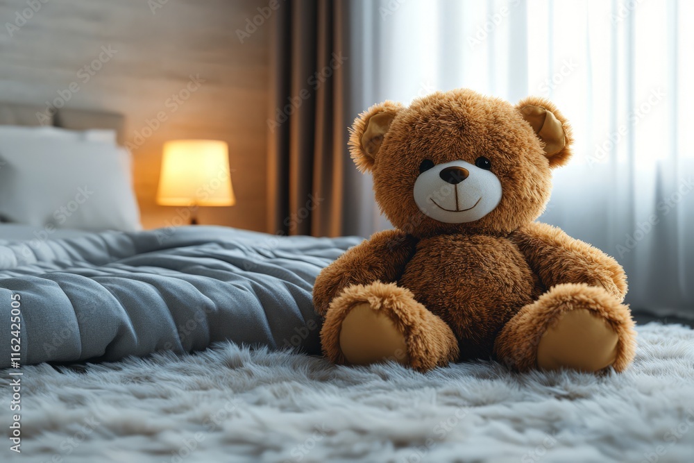 A cozy bedroom scene featuring a plush teddy bear on a soft rug. A cozy bedroom scene featuring a plush teddy bear on a soft rug.