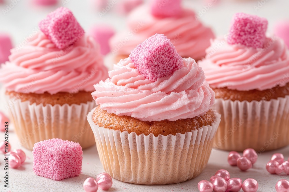 Delicious pink cupcakes topped with frosting and sugar cubes, perfect for celebrations. Delicious pink cupcakes topped with frosting and sugar cubes, perfect for celebrations.