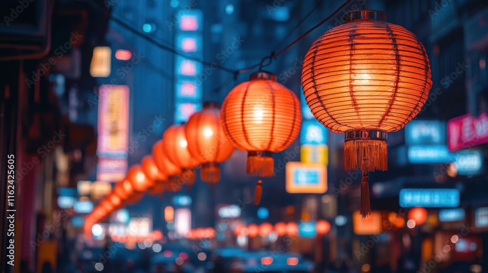 A vibrant street scene illuminated by red lanterns, creating a festive atmosphere. A vibrant street scene illuminated by red lanterns, creating a festive atmosphere.