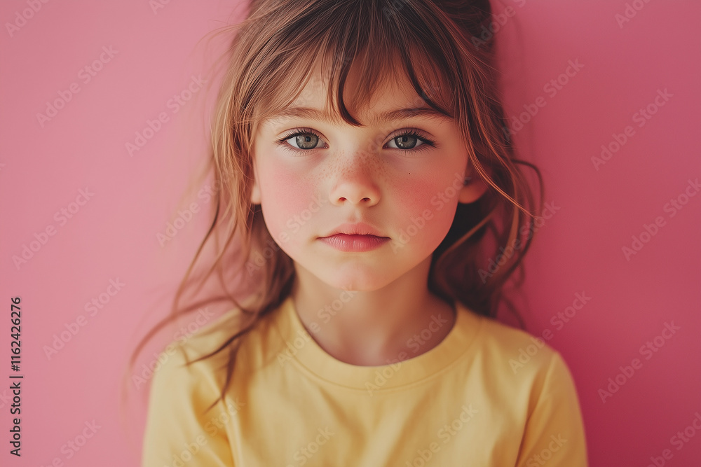 Fototapeta premium Cute girl on pink pastel color background.