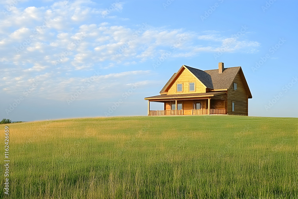 Secluded log cabin on a grassy hill under a bright blue sky, idyllic rural scene, perfect for real estate or lifestyle imagery. Secluded log cabin on a grassy hill under a bright blue sky, idyllic rural scene, perfect for real estate or lifestyle imagery.