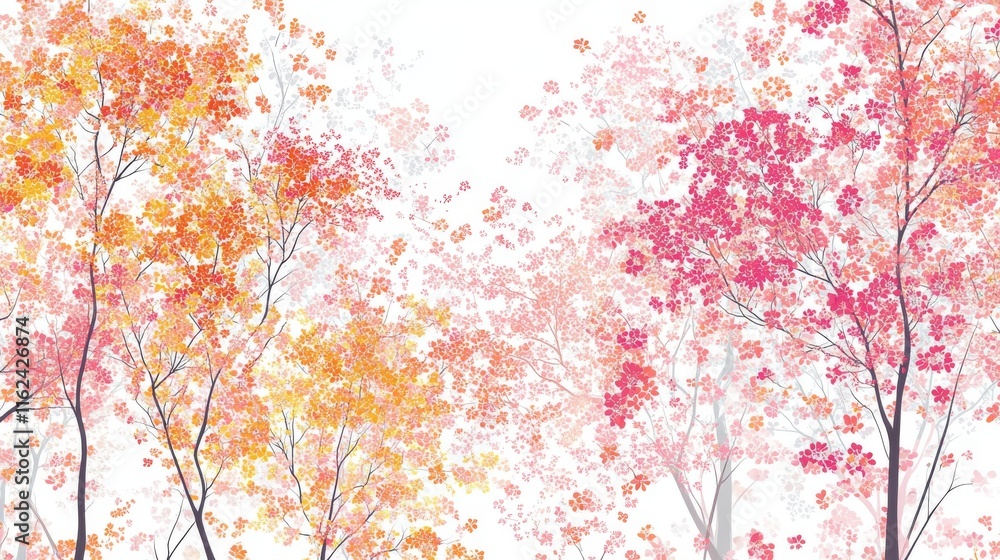 60.Repeating vector pattern of low-profile trees interspersed with colorful flowers, arranged in a seamless background with clean lines and delicate shades, suitable for decorative materials. 60.Repeating vector pattern of low-profile trees interspersed with colorful flowers, arranged in a seamless background with clean lines and delicate shades, suitable for decorative materials.