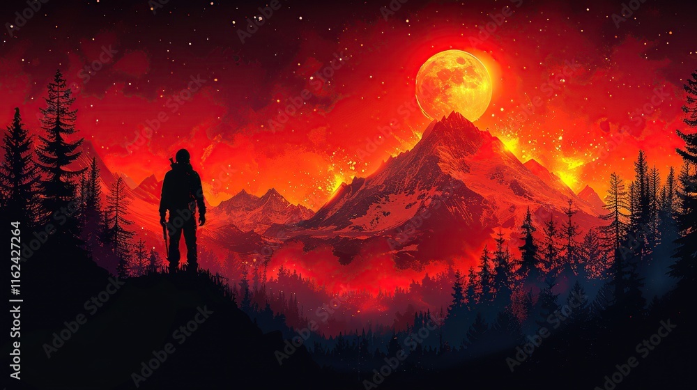 Fototapeta premium a mountain of fire, nature landscape, silhouette of a standing man, trees, orange color mix, flat design style
