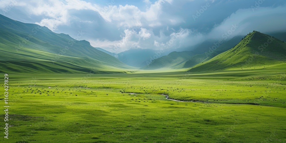 Obraz premium green field sky blue clouds