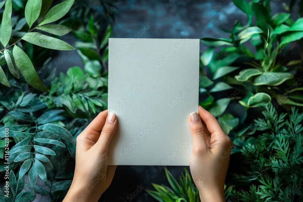 A pair of hands holding a blank page among various green leaves and plants. A pair of hands holding a blank page among various green leaves and plants.