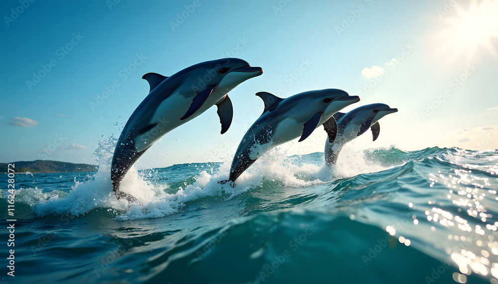 Fototapeta premium Three dolphins jumping out of the ocean waves under bright sunlight