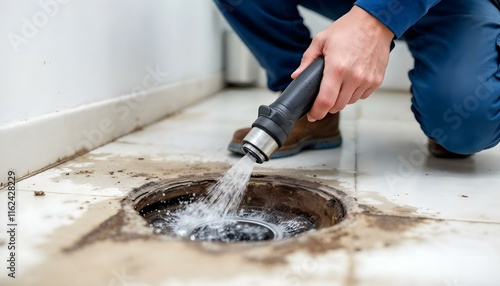 Plumber unclogging blocked shower drain with hydro jetting at home bathroom. sewer cleaning service