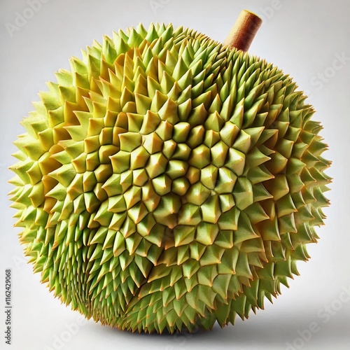 A close-up of a durian fruit with its distinctive spiky green shell against a neutral background creating a striking visual effect. photo