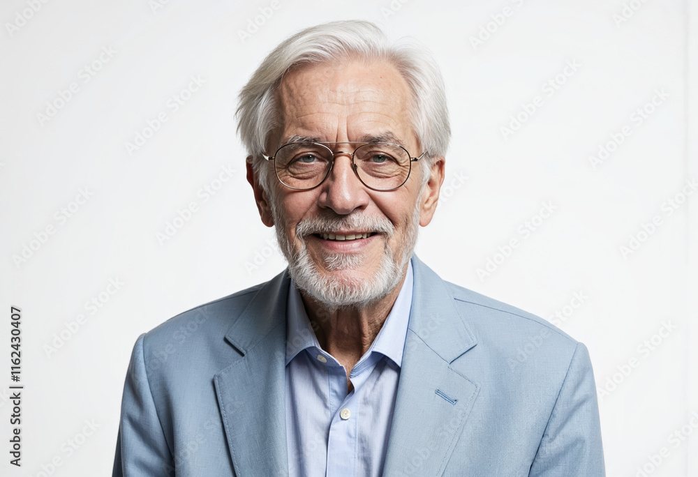 Portrait of an elderly gray-haired man in glasses and a suit on a white background, smiling Portrait of an elderly gray-haired man in glasses and a suit on a white background, smiling