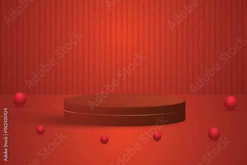 Realistic 3D red cylindrical podium background with golden balls, arch backdrop wall scene. Minimal mockup or abstract product display presentation, Stage showcase. Platforms vector geometric design.