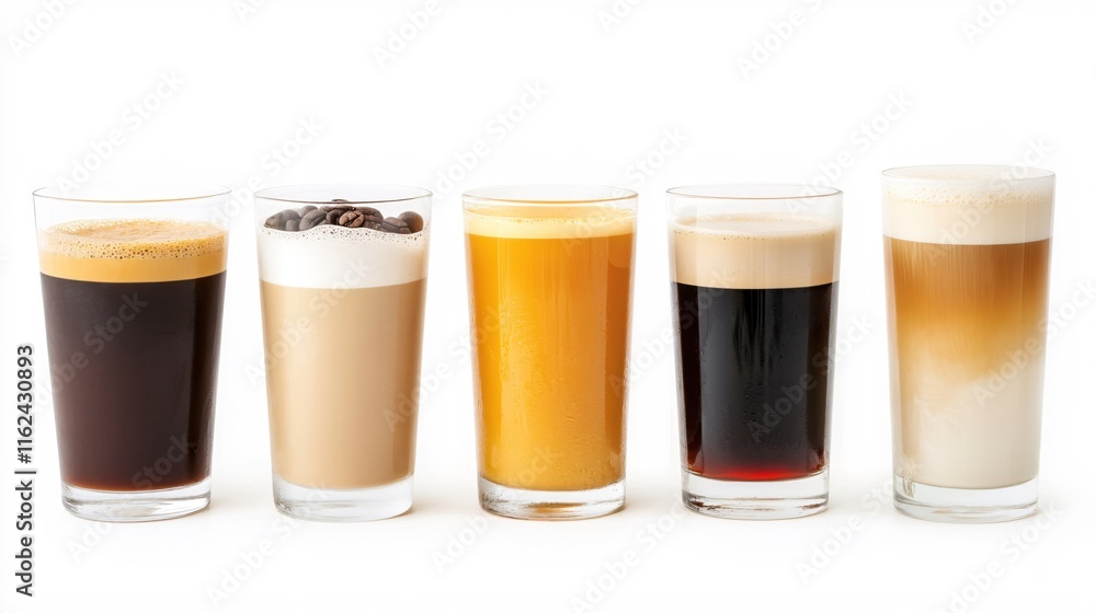 Variety of Coffee Drinks in Clear Glasses Displayed on a White Background Variety of Coffee Drinks in Clear Glasses Displayed on a White Background