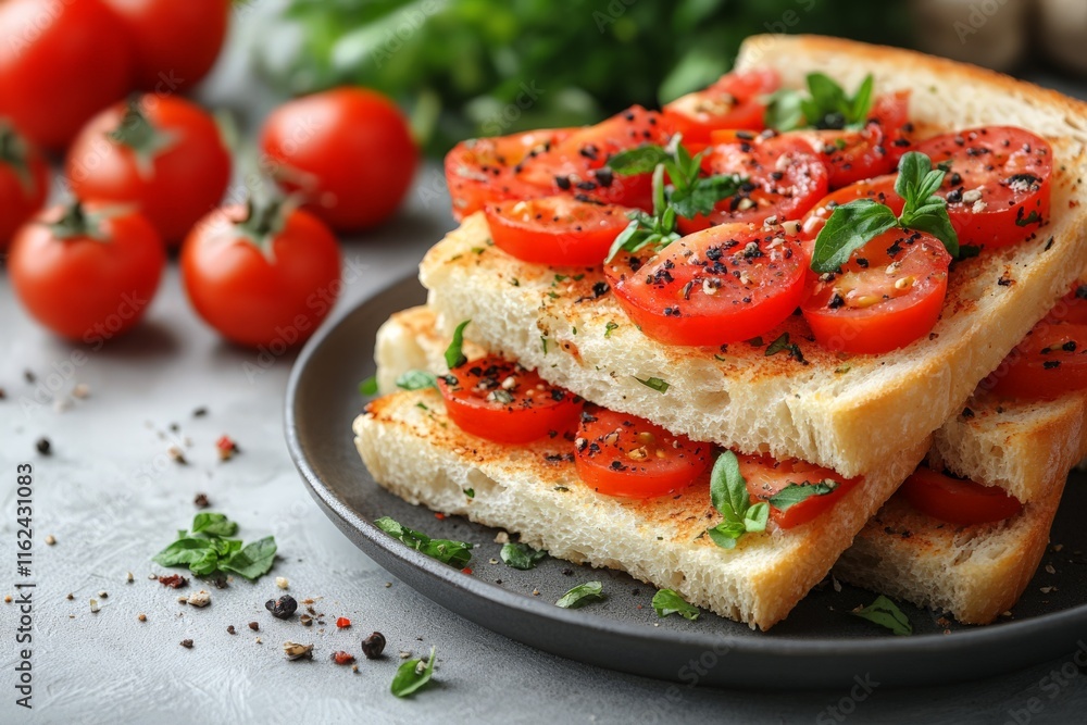 Slices of bread topped with fresh tomatoes and herbs on a plate, ideal for a healthy snack. Slices of bread topped with fresh tomatoes and herbs on a plate, ideal for a healthy snack.