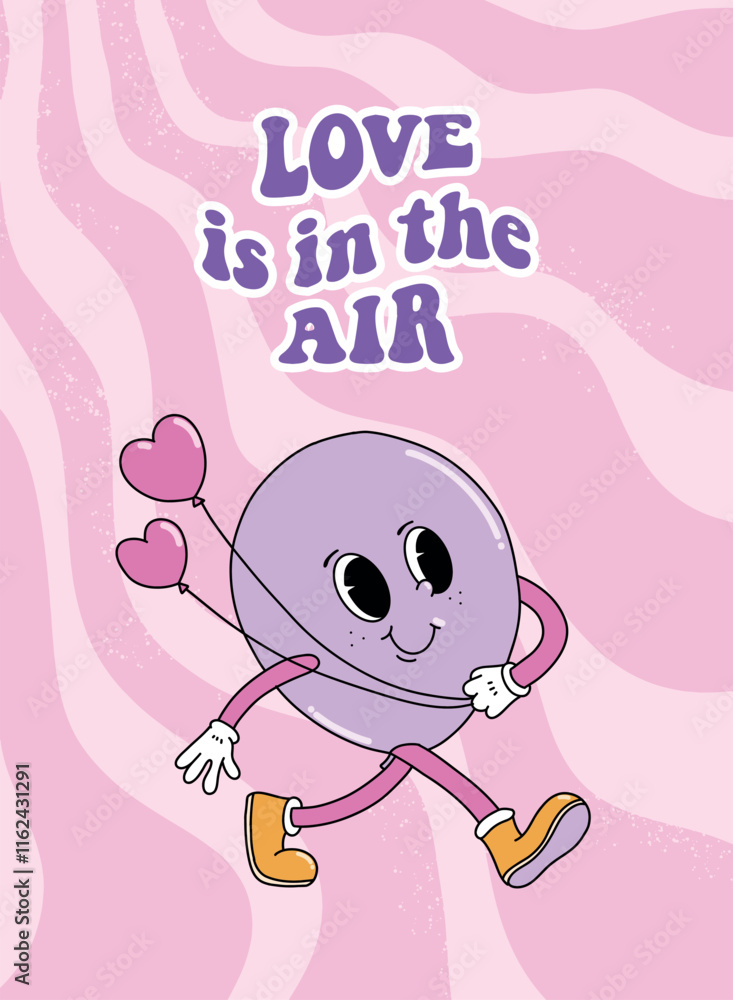 Fototapeta premium Groovy Valentine's day greeting card with retro cartoon character and lettering quote for posters, banners, prints, wallpaper, gifts etc. EPS 10