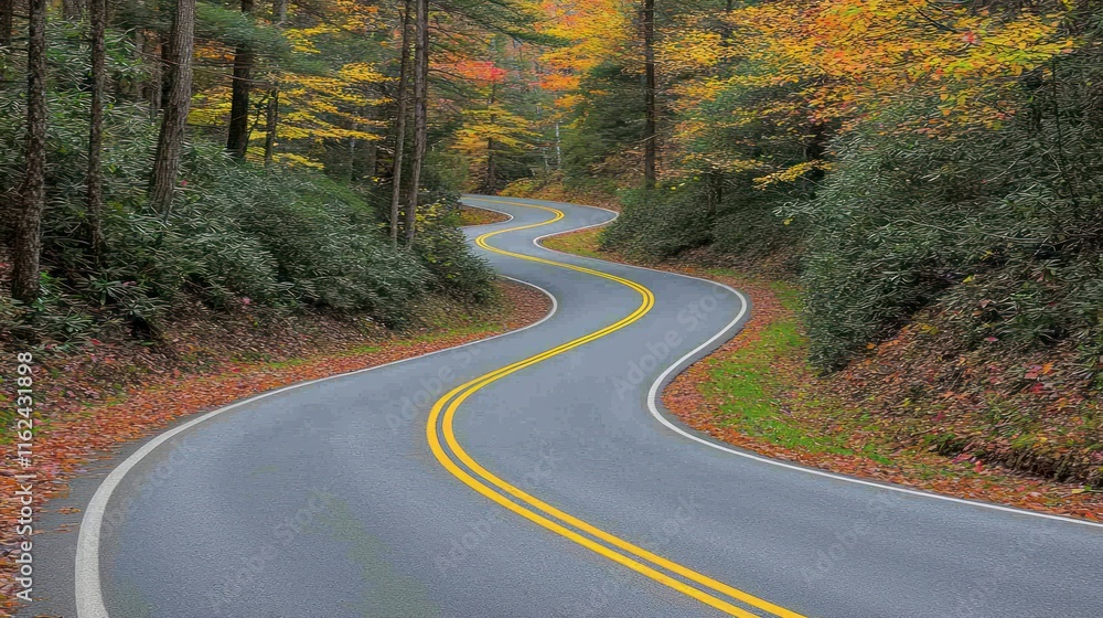 Fototapeta premium Winding road through vibrant autumn forest scenery.