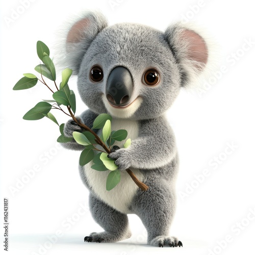 Friendly AI koala with a eucalyptus branch. vector style art 3d illustration Isolated on White Background  photo