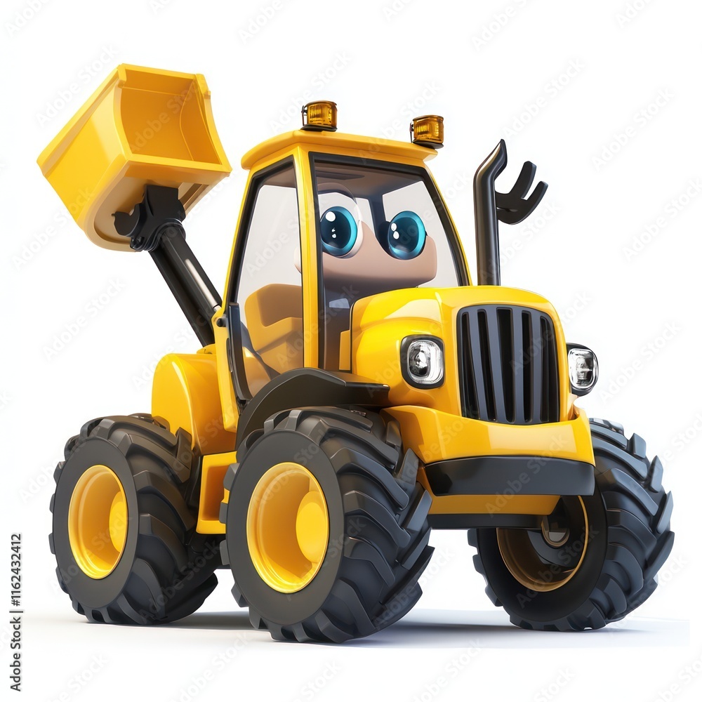 Friendly Front Loader with raised bucket and waving. vector style art 3d illustration Isolated on White Background Friendly Front Loader with raised bucket and waving. vector style art 3d illustration Isolated on White Background