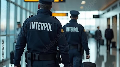 Professional Interpol officers in uniform stationed at the airport, maintaining a vigilant presence