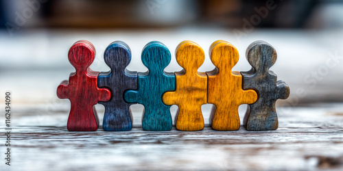 Figurines en bois colorées représentant une équipe emboîtées comme un puzzle 