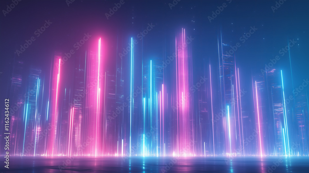 Futuristic Neon Skyline with Vertical Light Beams in Pink and Blue, Abstract Cyberpunk Cityscape, Sci-Fi Digital Horizon, Virtual Reality Concept, Modern Technology Design Futuristic Neon Skyline with Vertical Light Beams in Pink and Blue, Abstract Cyberpunk Cityscape, Sci-Fi Digital Horizon, Virtual Reality Concept, Modern Technology Design