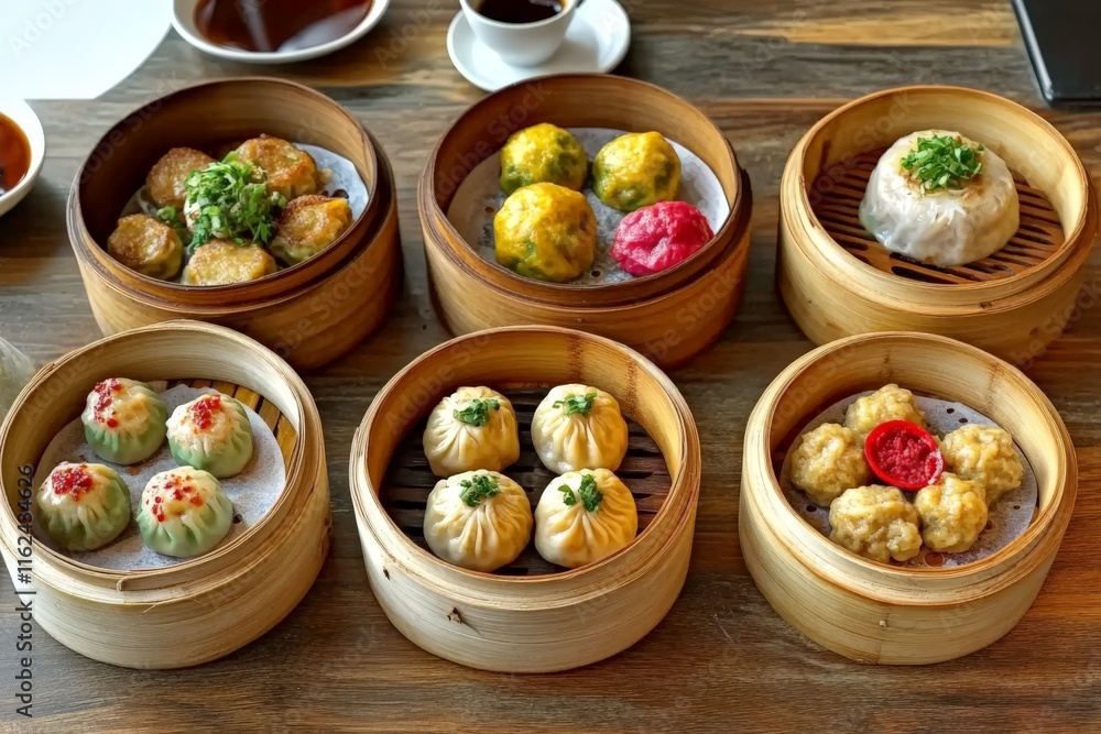 A variety of dim sum served in bamboo steamers, showcasing diverse flavors and textures. A variety of dim sum served in bamboo steamers, showcasing diverse flavors and textures.