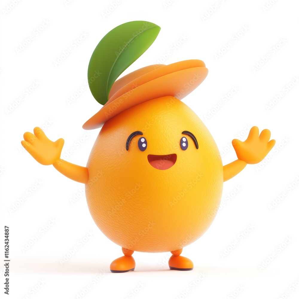 Friendly kumquat with a tiny hat and a cheerful wave. vector style art 3d illustration Isolated on White Background Friendly kumquat with a tiny hat and a cheerful wave. vector style art 3d illustration Isolated on White Background