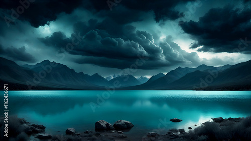 Dark moody landscape, expansive lake, distant mountains, stormy turquoise sky, dramatic clouds, deep teal color palette, atmospheric, ominous, reflective water, brooding nature scene, high contrast