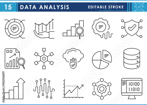 A set of line icons related to data analysis. Data, digital, security, physical, statistical, histogram, graph, wave, gear, cloud, binary, and so on. Vector editable stroke.