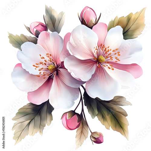 Nature, flowers, clipart watercolor painting of flower, symmetrical pattern, botanical print on white background, vintage style.QW-0532