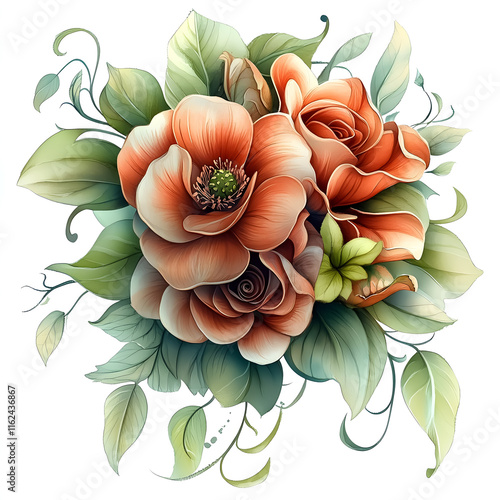 Nature, flowers, clipart watercolor painting of flower, symmetrical pattern, botanical print on white background, vintage style.QW-0529