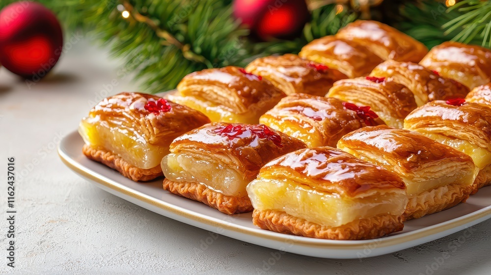 Chinese New Year Food Concept, Neatly Arranged Golden Pineapple Tarts on a Festive Plate Surrounded by Holiday Decor Chinese New Year Food Concept, Neatly Arranged Golden Pineapple Tarts on a Festive Plate Surrounded by Holiday Decor