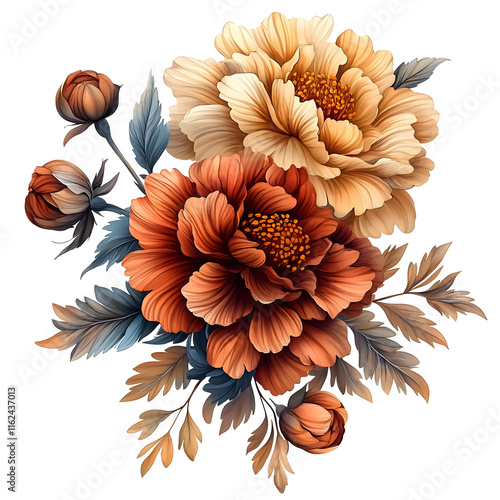 Nature, flowers, clipart watercolor painting of flower, symmetrical pattern, botanical print on white background, vintage style.QW-0518