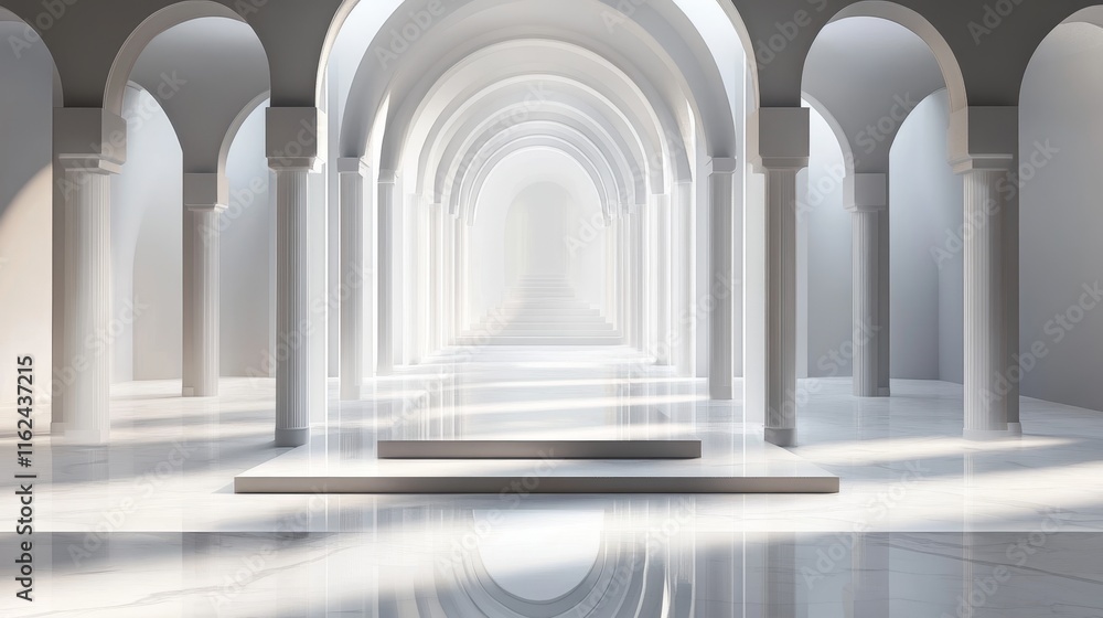 Fototapeta premium Serene White Archway Hallway: A Minimalist Architectural Masterpiece