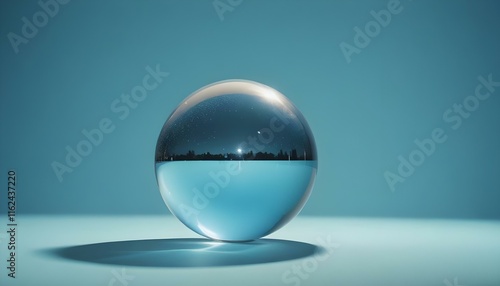 Una esfera de vidrio transparente o una bola de cristal flotando sobre un fondo azul liso photo