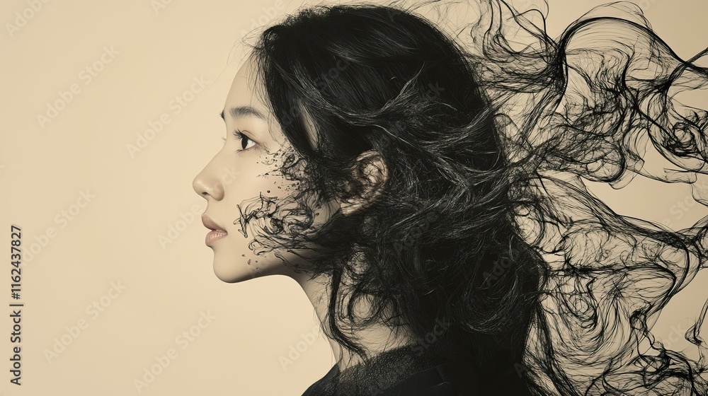 Naklejka premium Conceptual artwork of a young Asian woman's half head with swirling doodles representing inner conflict and emotional growth. Ideal for psychology and mindfulness.