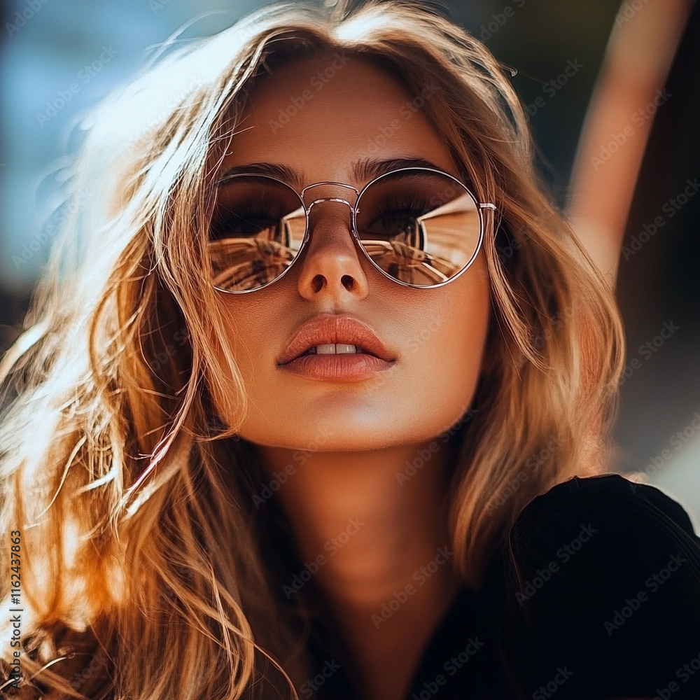 Close-up photograph of a woman with wavy blonde hair and sunglasses in a bright environment. Close-up photograph of a woman with wavy blonde hair and sunglasses in a bright environment.