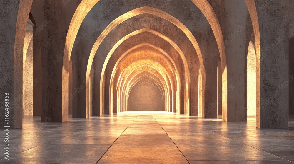 Fototapeta premium Golden Hour in an Archway Hall: A 3D Render of Majestic Architecture