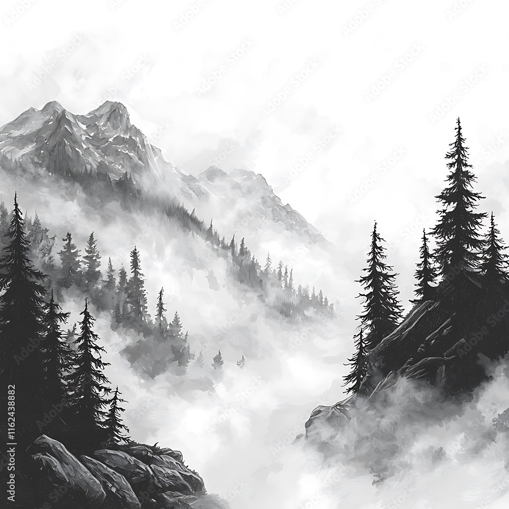Fototapeta premium Monochromatic Watercolor Painting of Misty Mountain Landscape with Pine Trees.