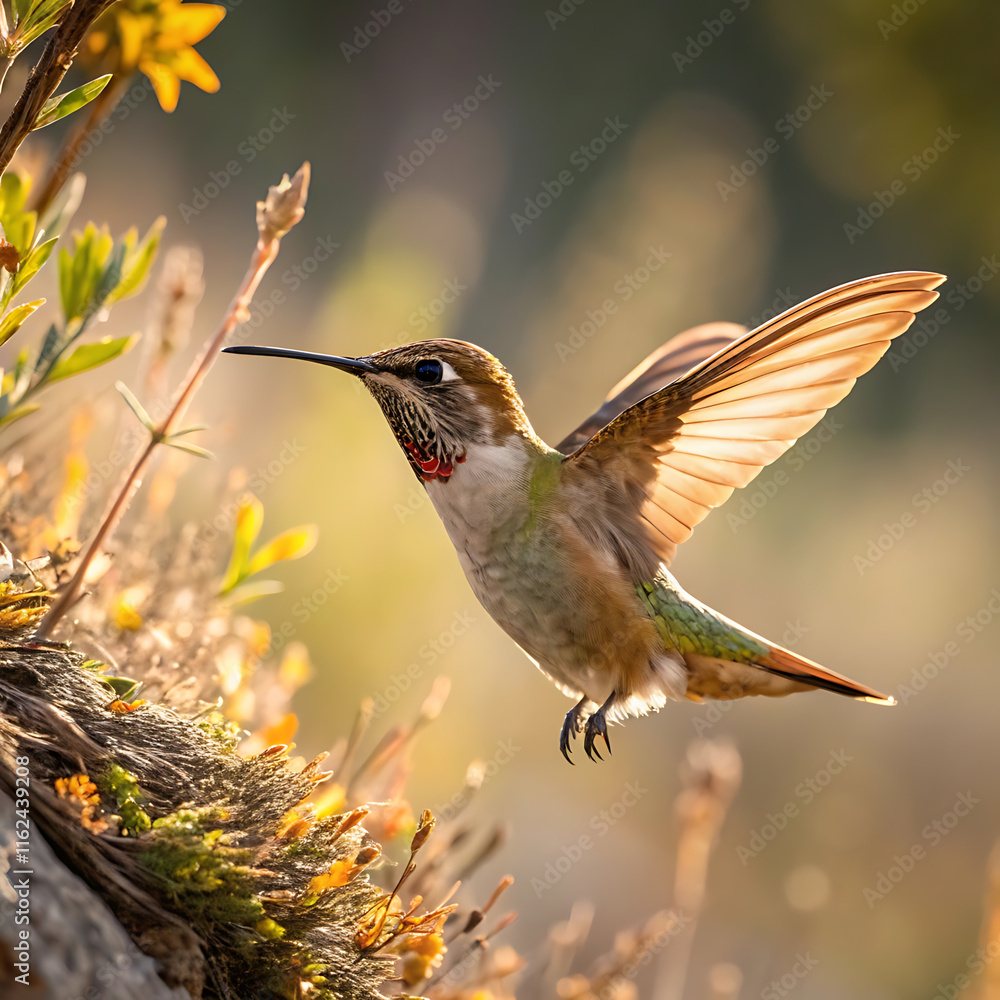 Fototapeta premium Hummingbird hovering amidst sunlit flowers in natural habitat.