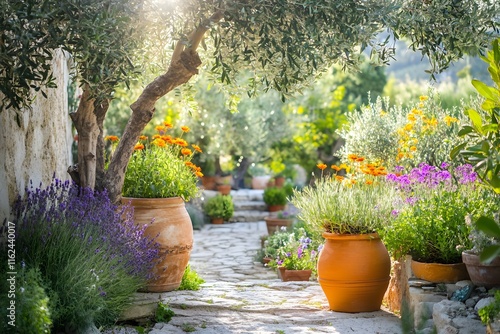 Fototapeta Naklejka Na Ścianę i Meble -  Sunlit Garden Path: Flowers Bloom in Pots