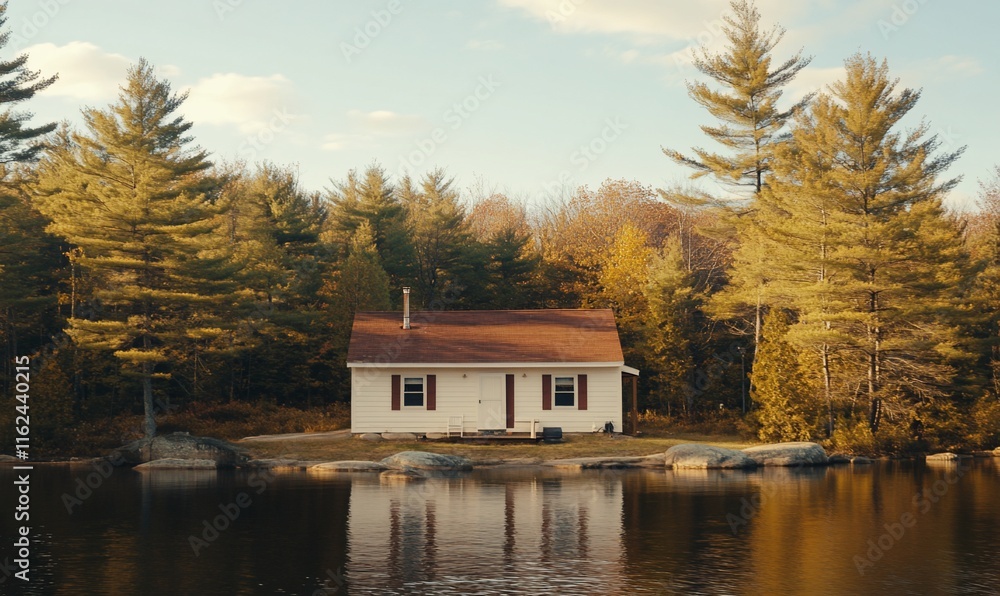 Fototapeta premium White cottage by lake in autumn woods.