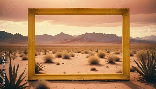 Un gran marco rectangular amarillo situado en un paisaje desértico con un cielo nublado al fondo photo