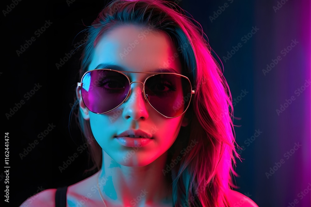 Portrait of a cool woman with sunglasses in the dark with neon light. Portrait of a cool woman with sunglasses in the dark with neon light.
