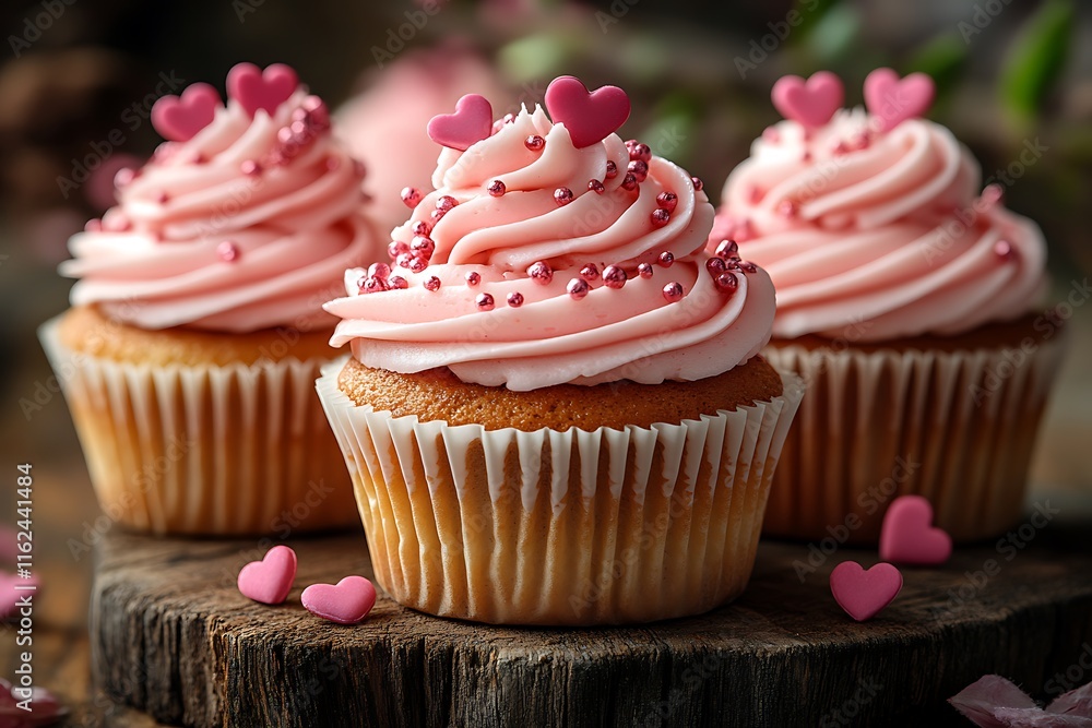 Three pink cupcakes with heart decorations on a wooden board Three pink cupcakes with heart decorations on a wooden board