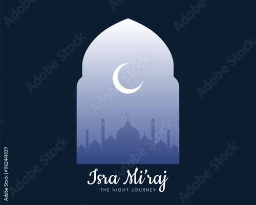 Isra Miraj, Night Journey of the Prophet Muhammad. Islamic background design. Banner, poster, card template. Vector Illustration