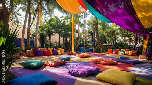 Vibrant outdoor seating with colorful decor for Holi party. photo