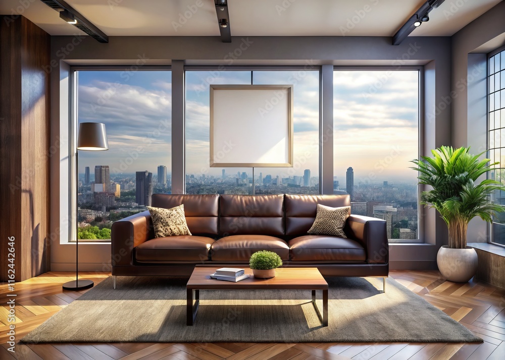 Fototapeta premium Modern Living Room: Expansive Windows, White Frame, Brown Couch - Stock Photo