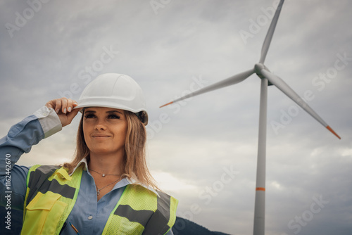 A confident female engineer, clad in essential safety gear, stands resolutely at a wind turbine site, showcasing her leadership and expertise in a landscape that embodies innovation and teamwork photo