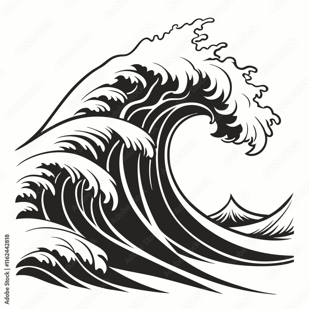 Obraz premium Crashing Waves vector silhouette black design white background
