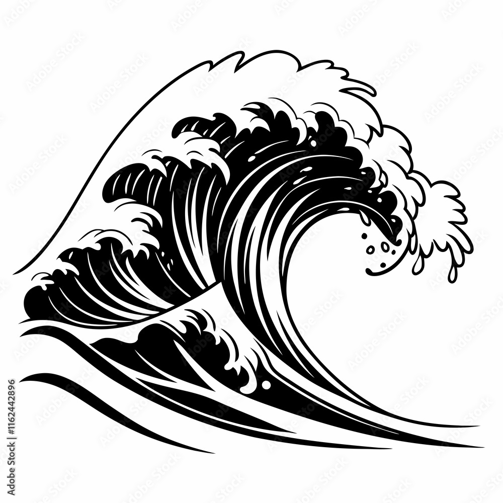 Crashing Waves vector silhouette black design white background Crashing Waves vector silhouette black design white background